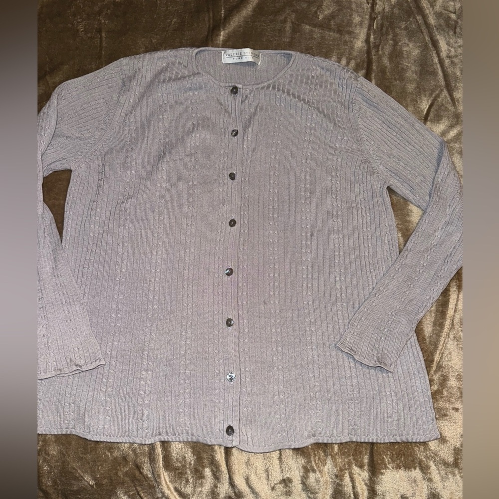 Valerie Stevens Gray Silk Button-Up Cardigan